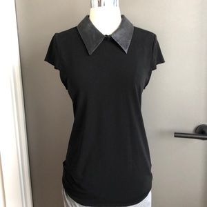 Black capped sleeve top with leather collar